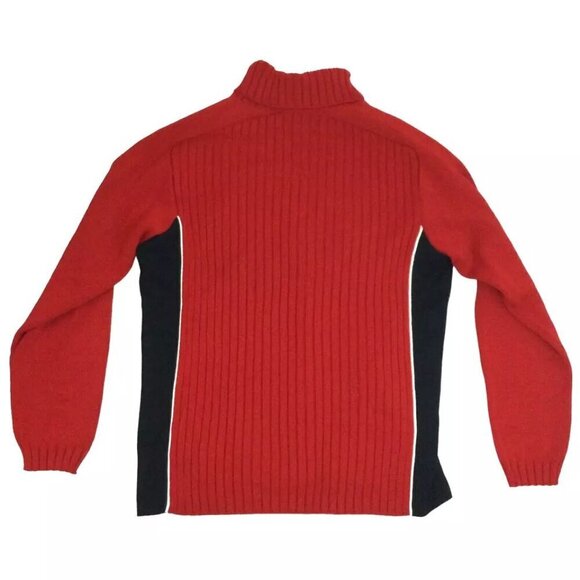 Bogner Sweater Mens Red Black Cable Knit Long Sleeve Mock Neck Pullover High Low